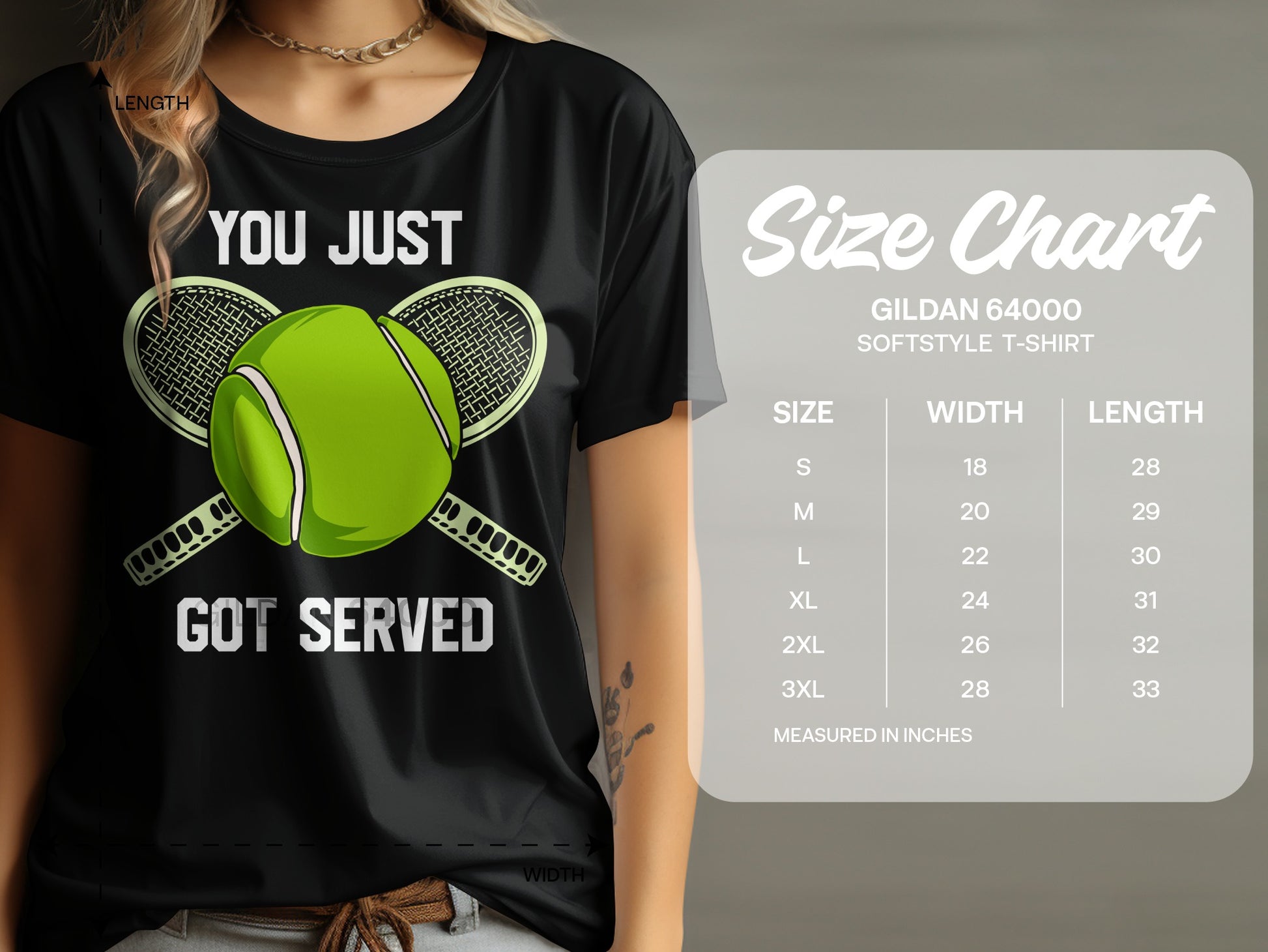 Black t-shirt with "YOU JUST GOT SERVED" and tennis rackets.