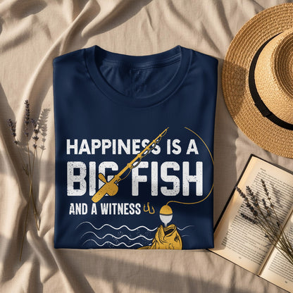 Navy t-shirt with "Happiness is a Big Fish and a Witness" fishing graphic.