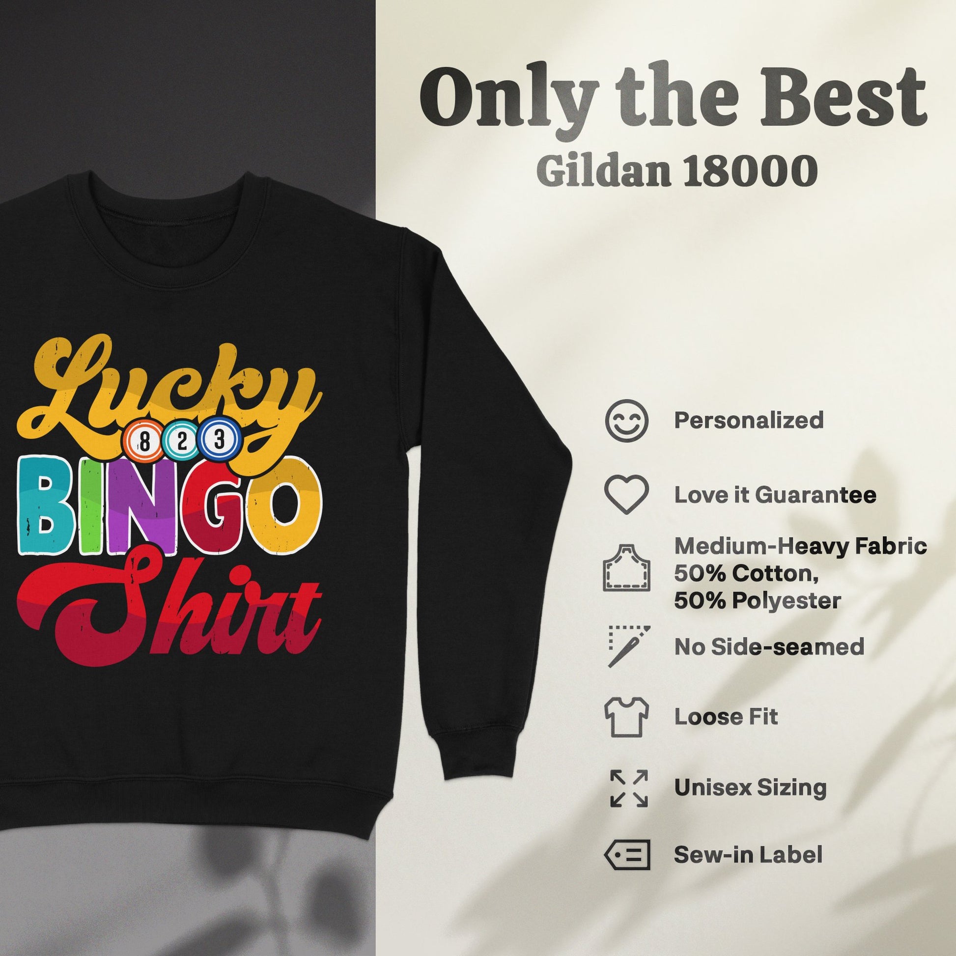 Black Gildan 18000 sweatshirt with "Lucky BINGO Shirt" text.
