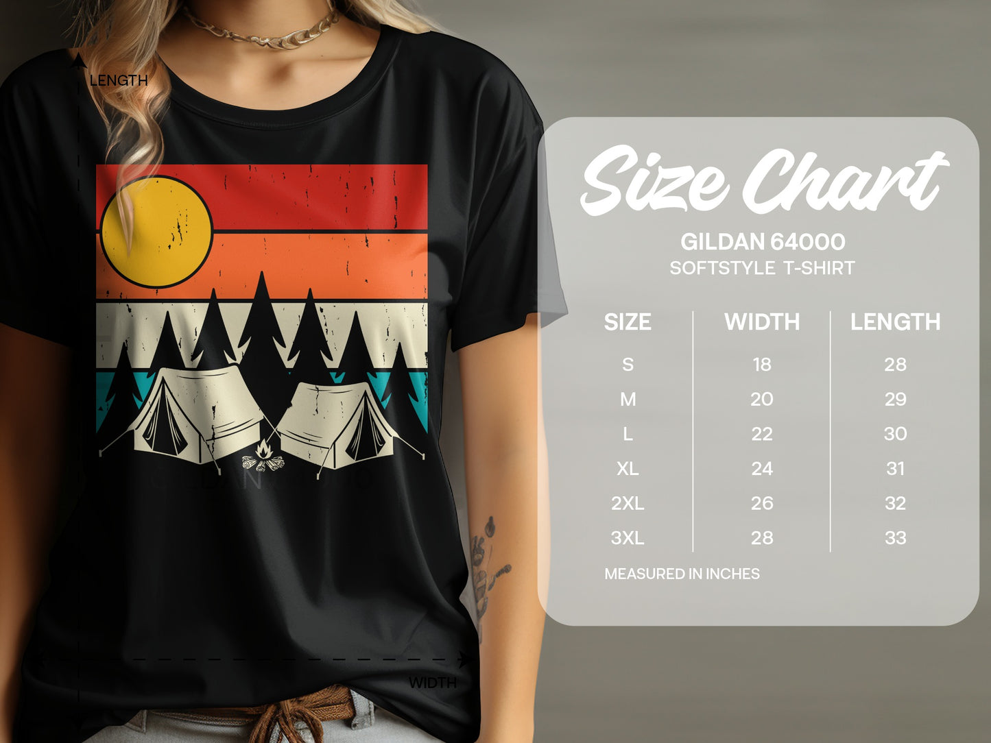 Gildan 64000 Softstyle t-shirt size chart with tent and sun graphic.