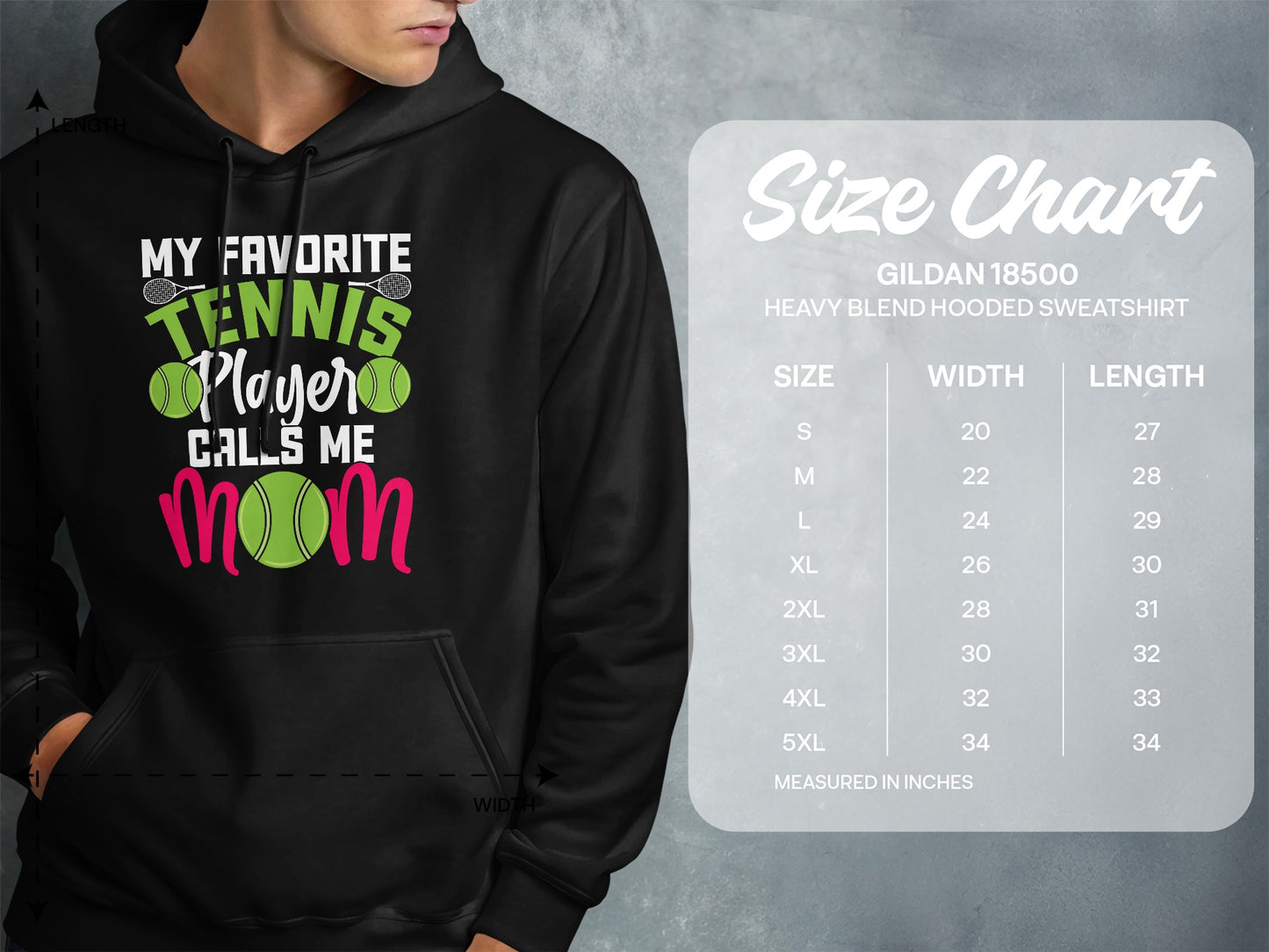 Hoodie size chart with text "My Favorite Tennis Player Calls Me Mom" and a tennis ball.