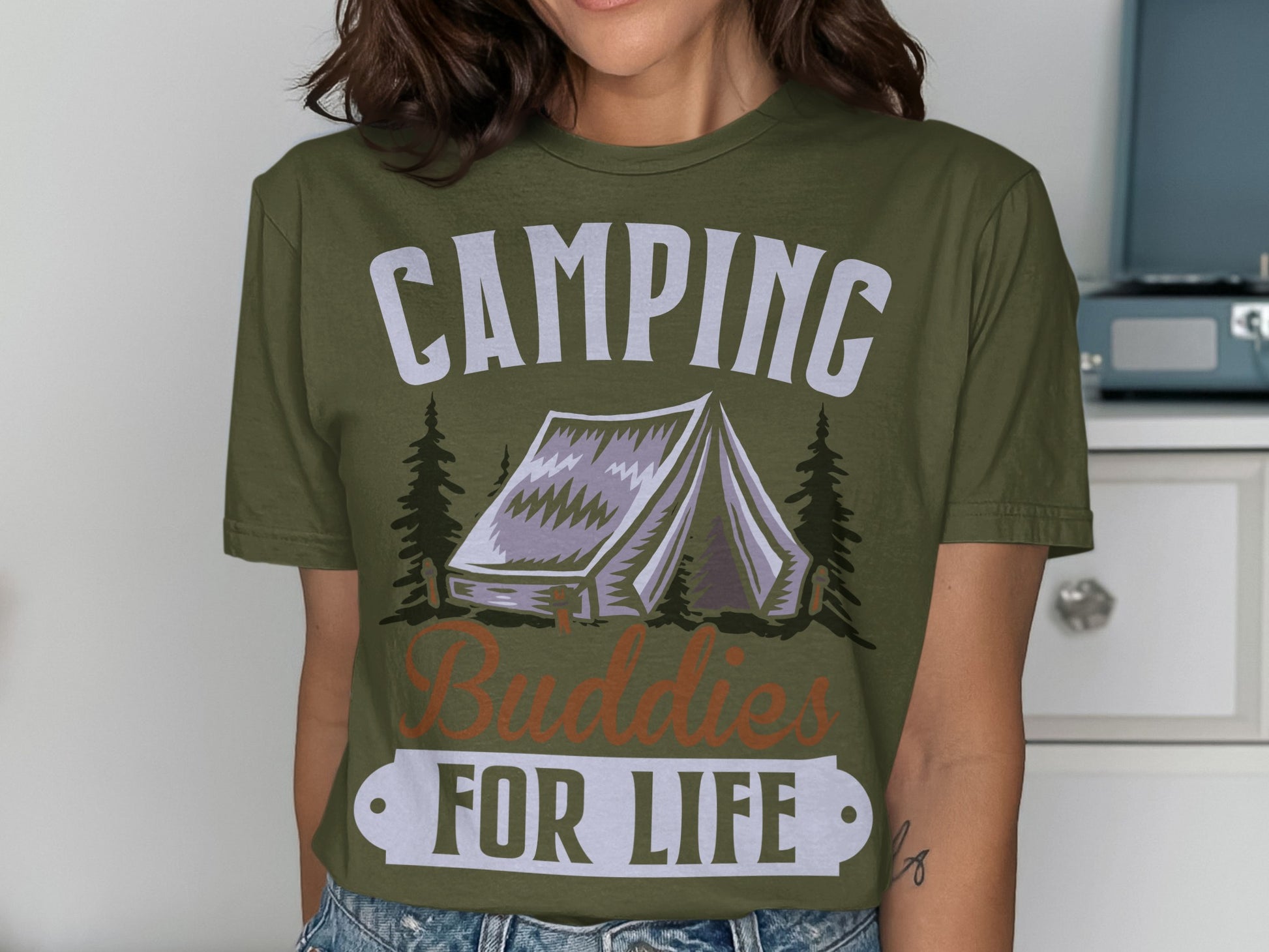 Olive green t-shirt with "Camping Buddies For Life" text and tent graphic.