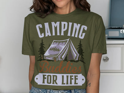 Olive green t-shirt with "Camping Buddies For Life" text and tent graphic.