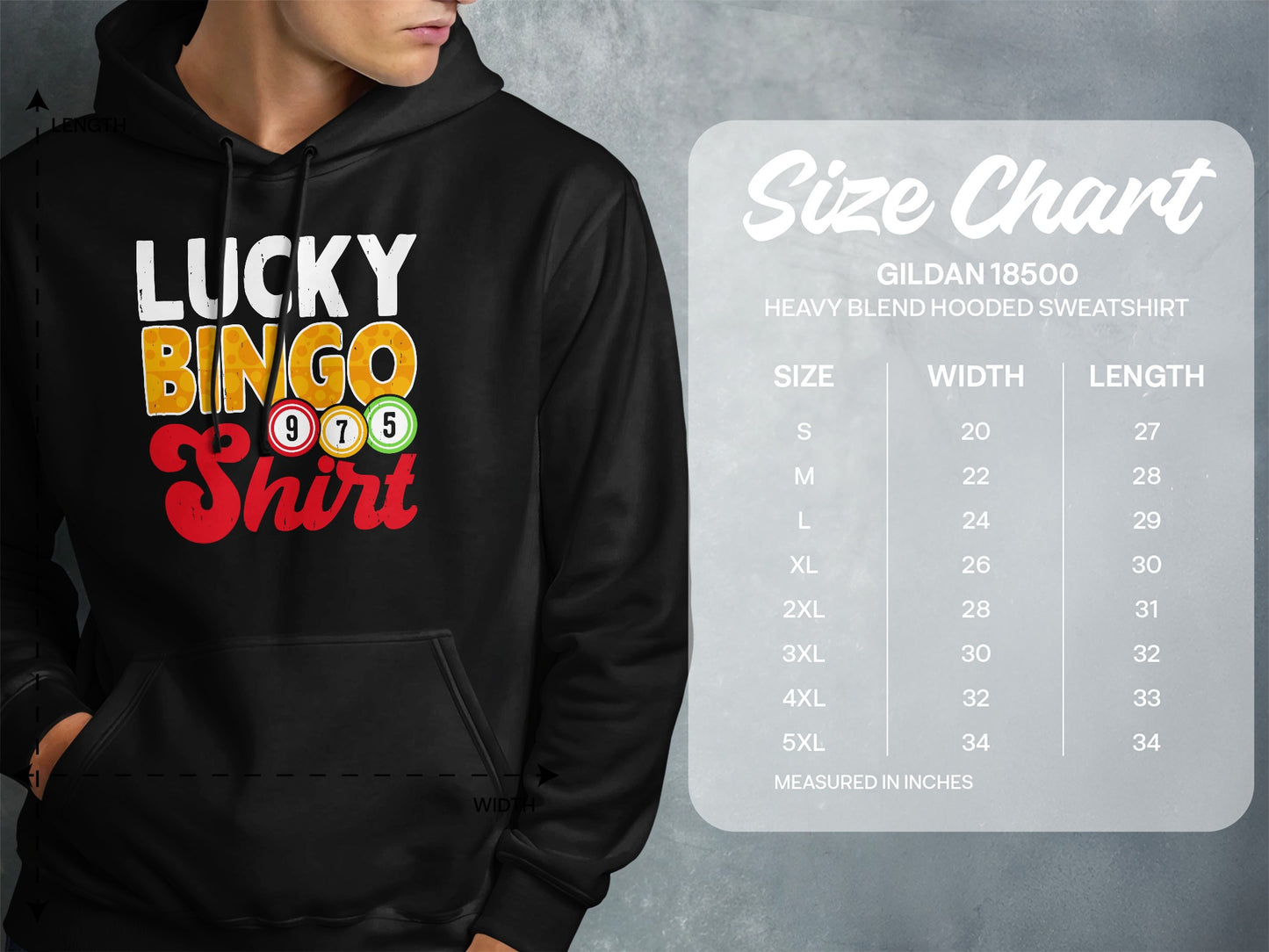 Hooded sweatshirt with "Lucky Bingo Shirt" graphic and a size chart.