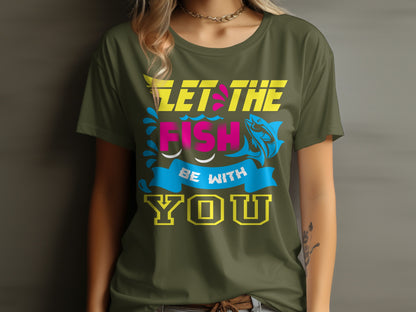 Olive green t-shirt with yellow and pink text and a blue fish graphic.
