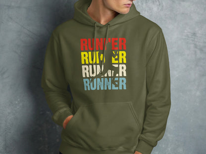 Green hoodie with "RUNNER" text in red, yellow, and blue stripes.