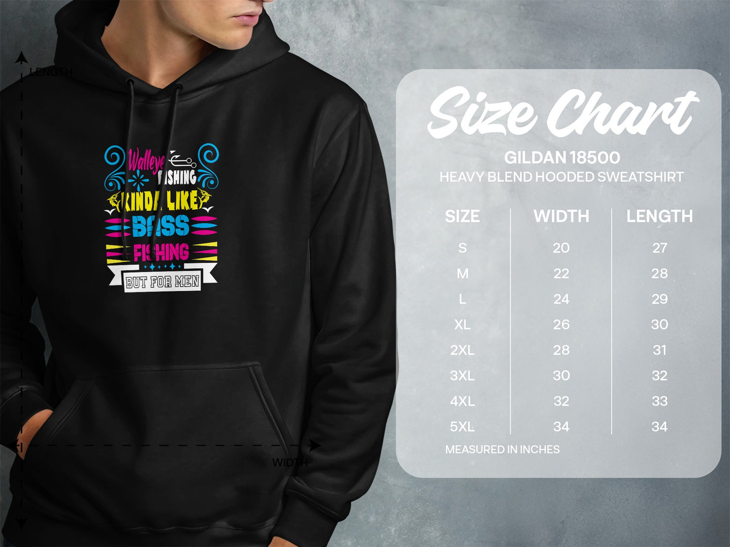 Hoodie with "Walleye, Bass Fishing - But For Men" graphic and size chart.