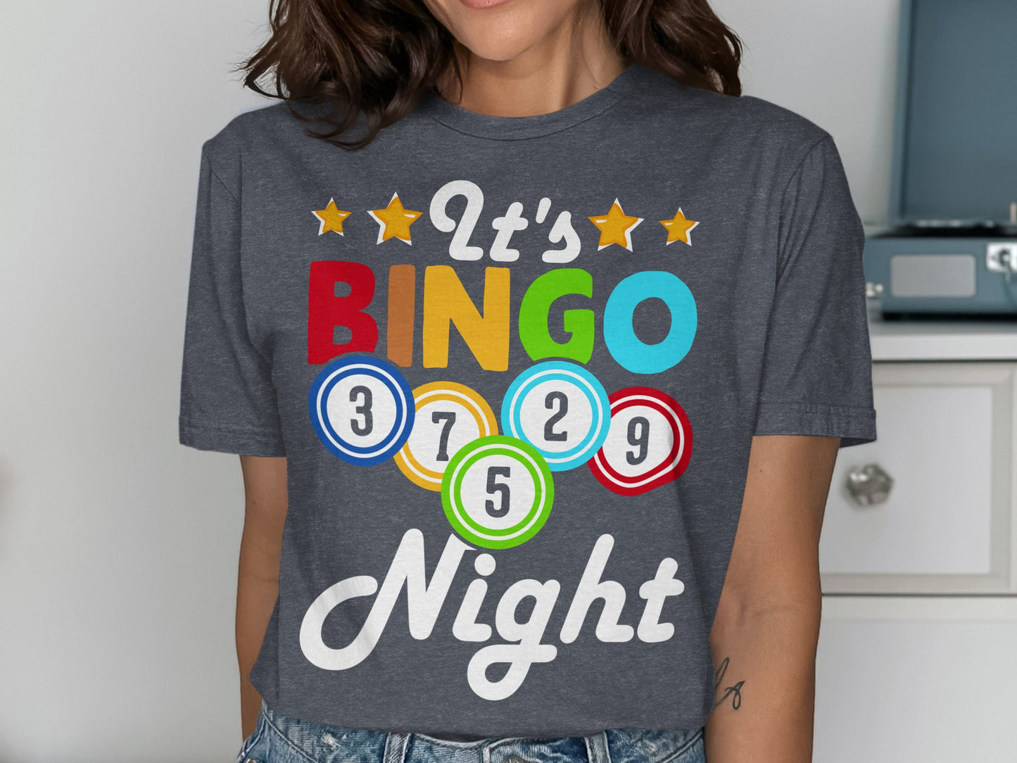 Dark grey t-shirt with "It's BINGO Night" and numbered bingo balls.