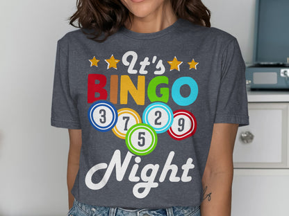 Dark grey t-shirt with "It's BINGO Night" and numbered bingo balls.
