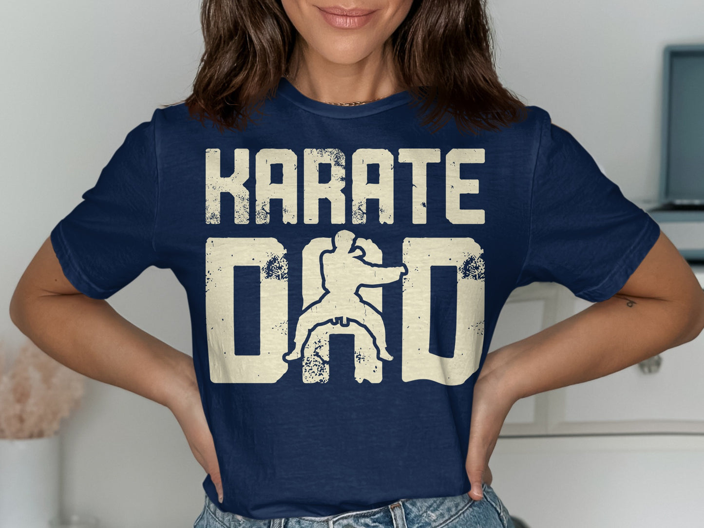 Navy t-shirt with cream text "KARATE DAD" and martial arts graphic.