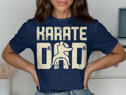 Navy t-shirt with cream text "KARATE DAD" and martial arts graphic.