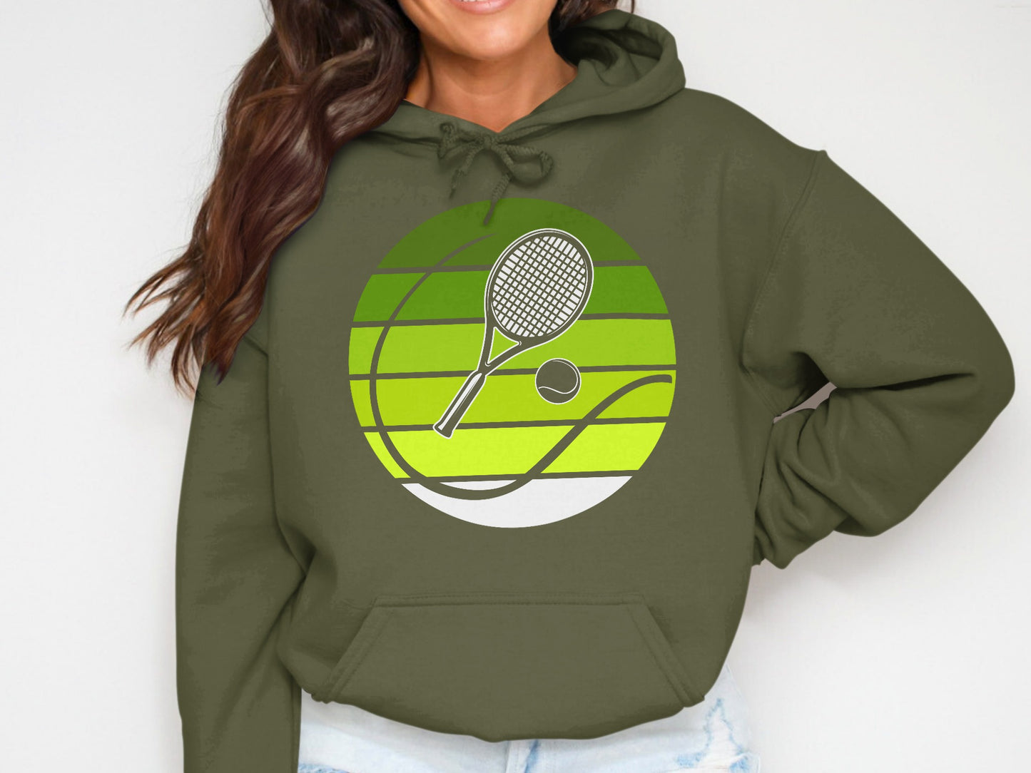 Olive green hoodie with a circular tennis graphic.