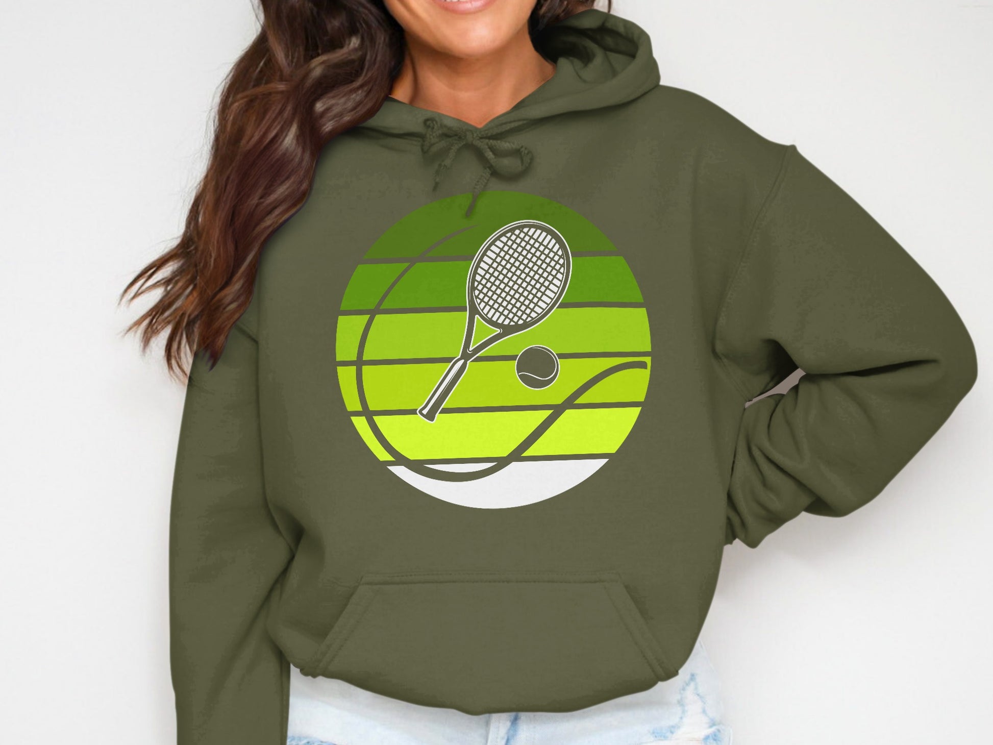 Olive green hoodie with a circular tennis graphic.