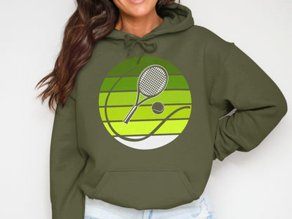 Olive green hoodie with a circular tennis graphic.
