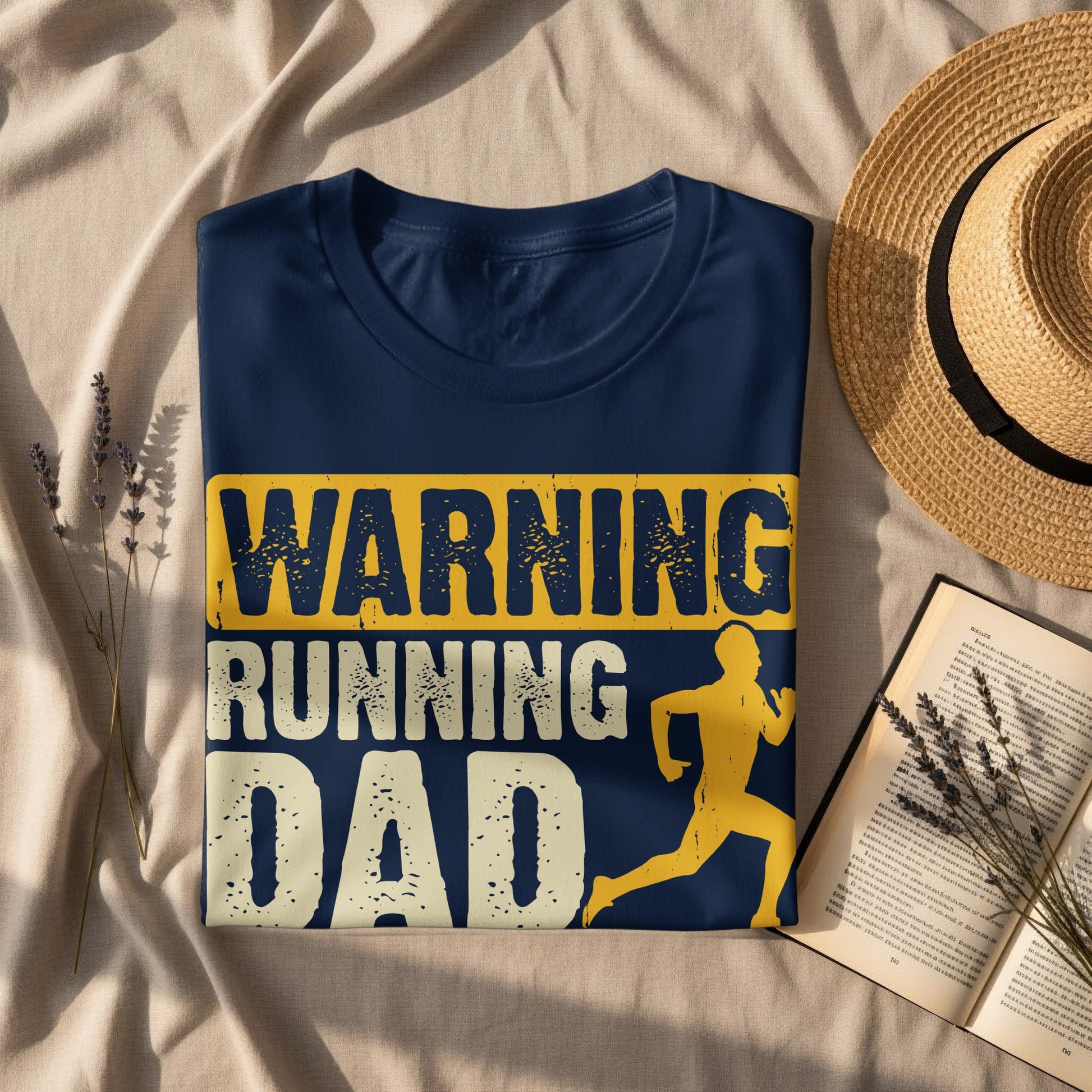 Navy t-shirt with "WARNING RUNNING DAD" graphic and running figure.