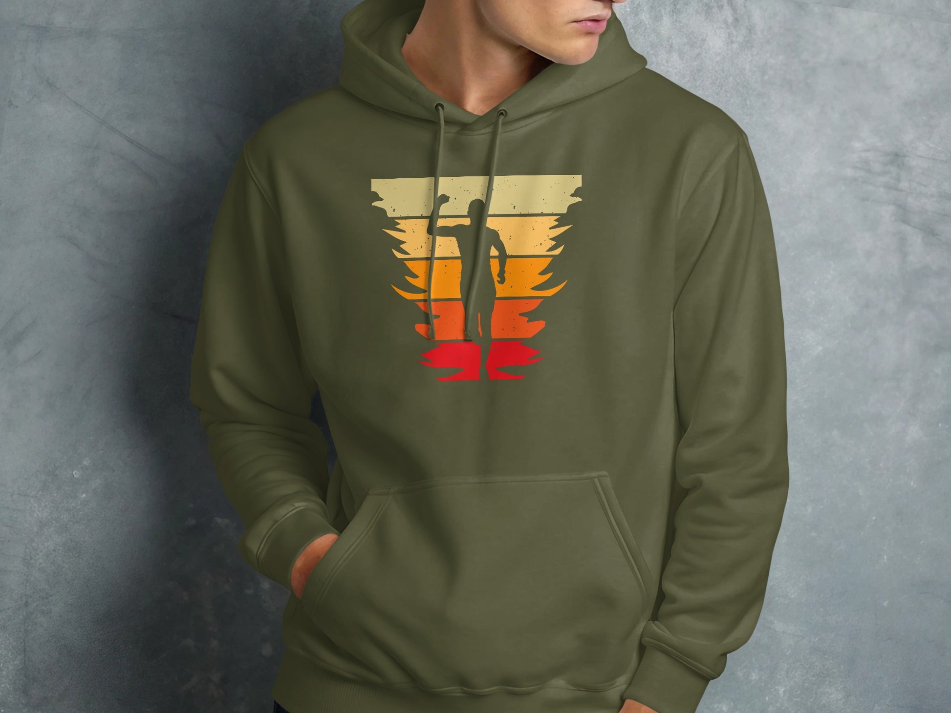 Olive green hoodie with retro silhouette graphic on chest.