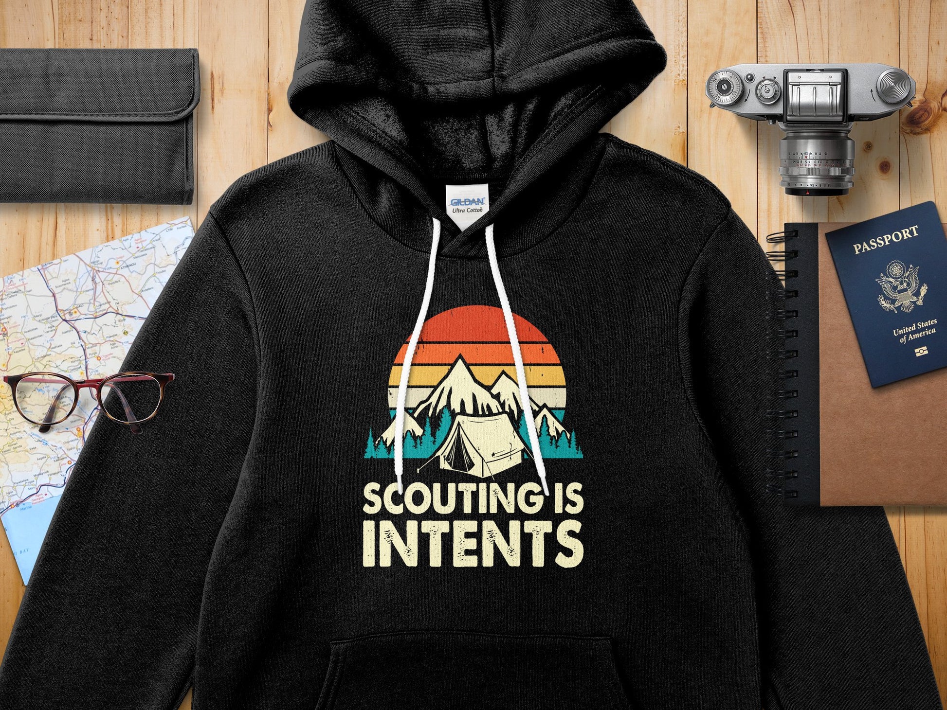 Black hoodie with "Scouting is Intense" text and a mountain sunset graphic.