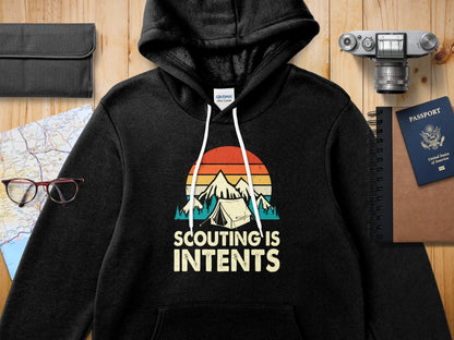 Black hoodie with "Scouting is Intense" text and a mountain sunset graphic.