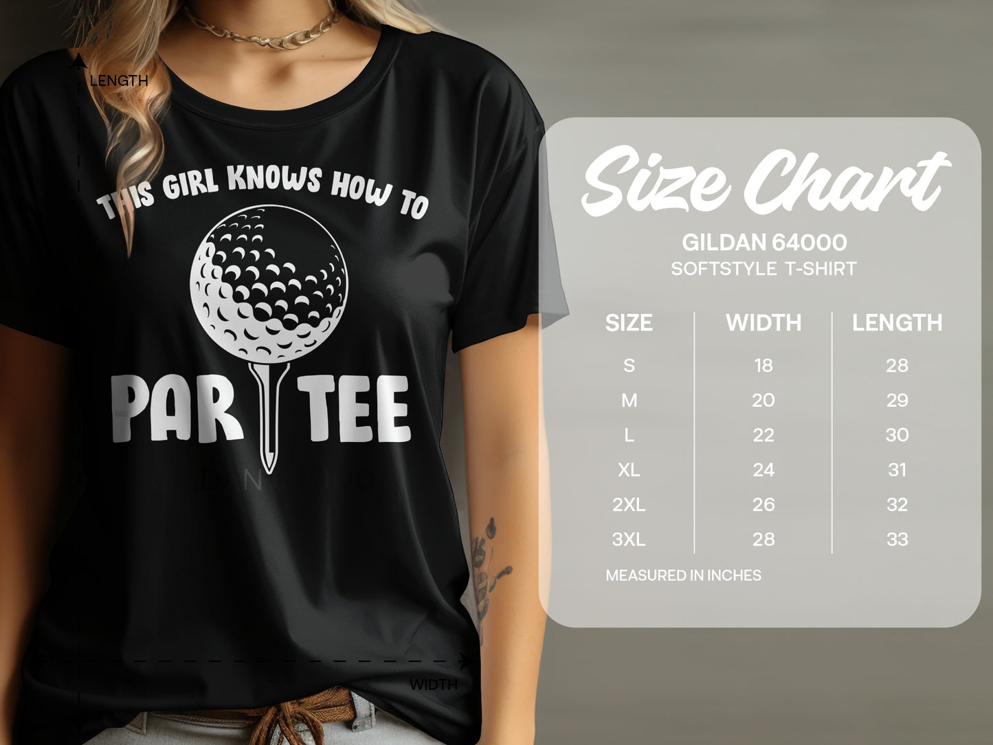 Black t-shirt with "This girl knows how to par tee" graphic and size chart.