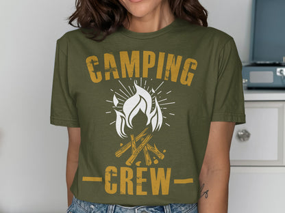 Olive green t-shirt with "CAMPING CREW" text and campfire graphic.