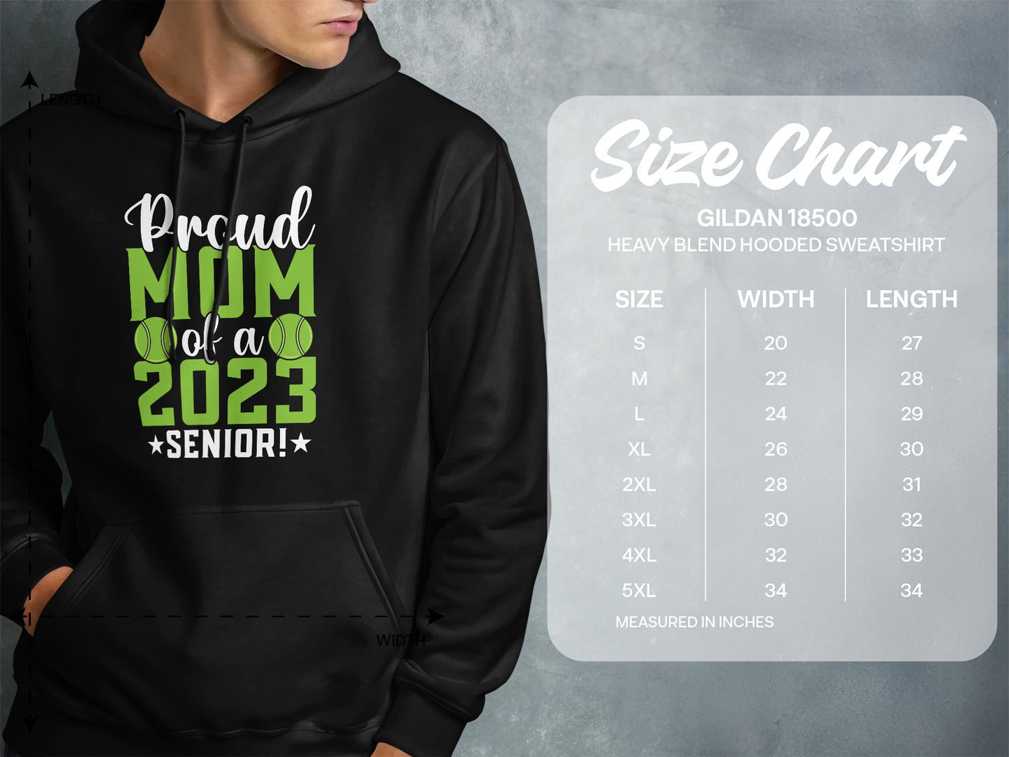 Black hoodie with "Proud Mom of a Senior 2023" text and size chart.