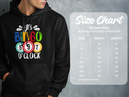 Hoodie with "It's Bingo O'Clock" graphic and size chart for Gildan 18500 sweatshirt.