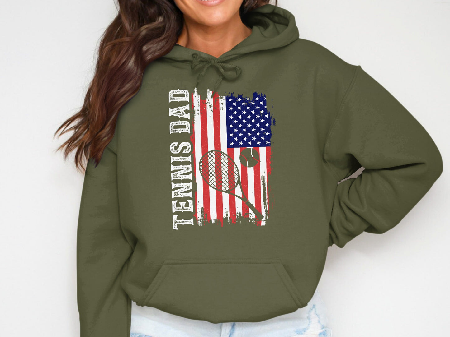 Green hoodie with American flag tennis racket, ball, and "TENNIS DAD" text.