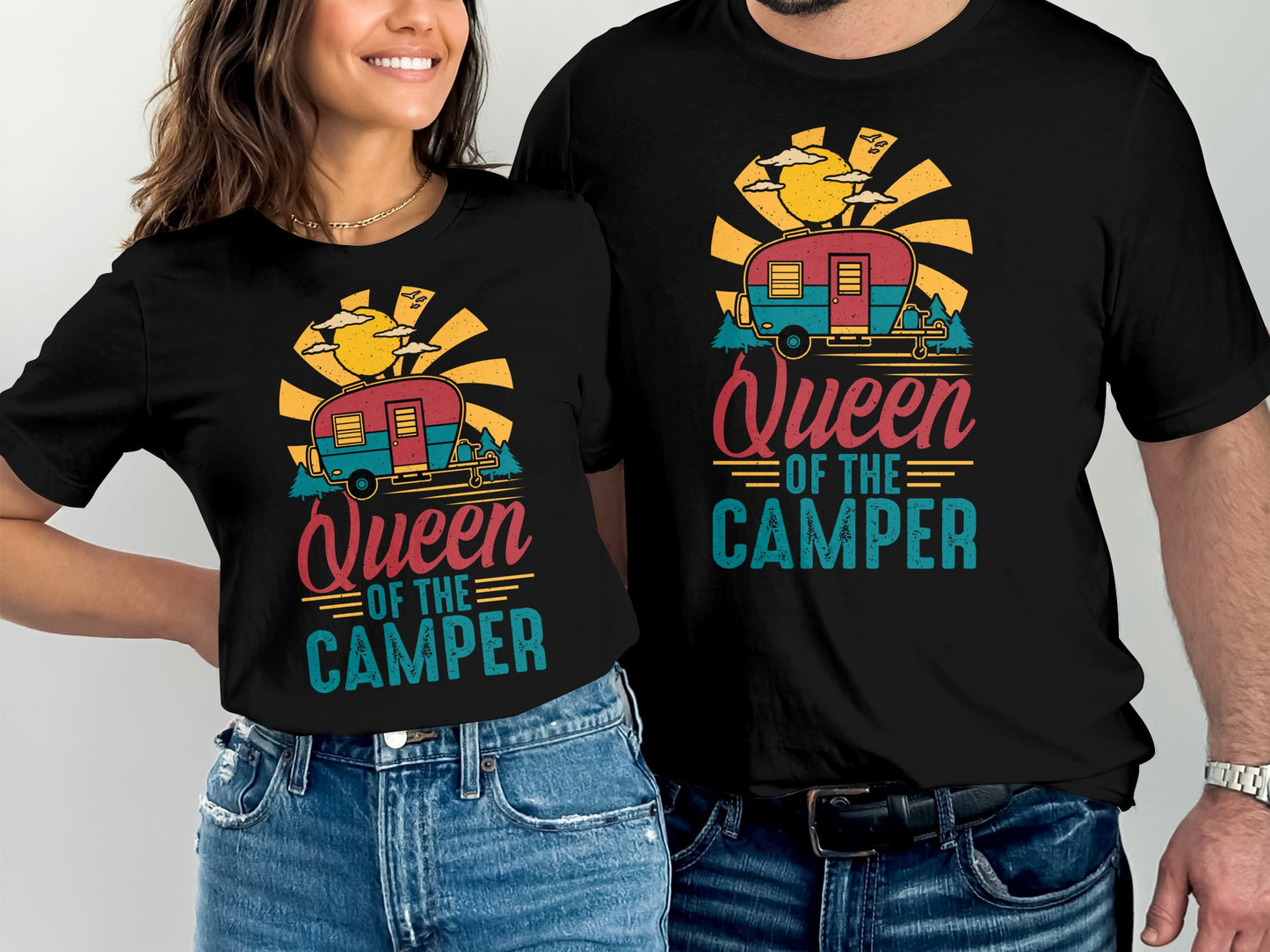 Couple wearing black t-shirts with "Queen of the Camper" and camper graphic.