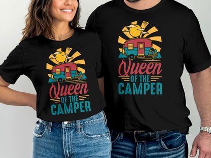 Couple wearing black t-shirts with "Queen of the Camper" and camper graphic.