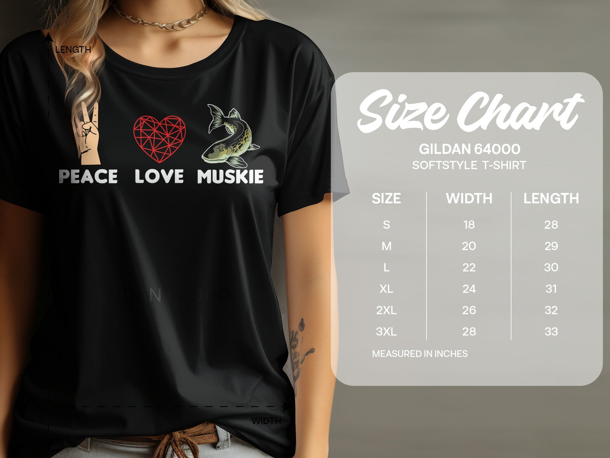 Black t-shirt with "Peace Love Muskie" graphic and size chart.