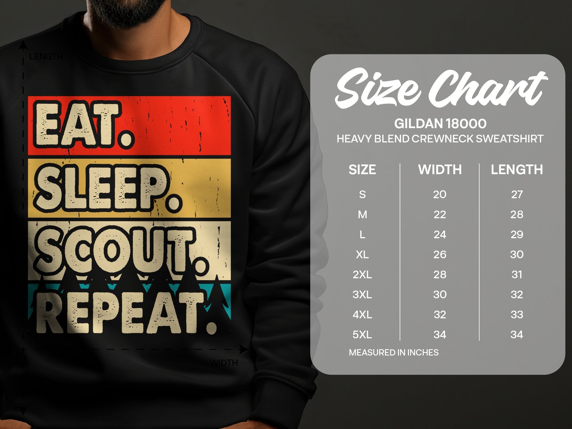 Gildan 18000 sweatshirt size chart showing width and length measurements in inches.