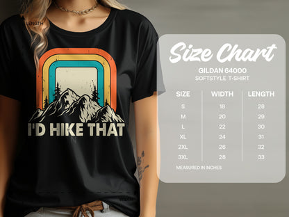 Black t-shirt with "I'd Hike That" graphic and size chart.
