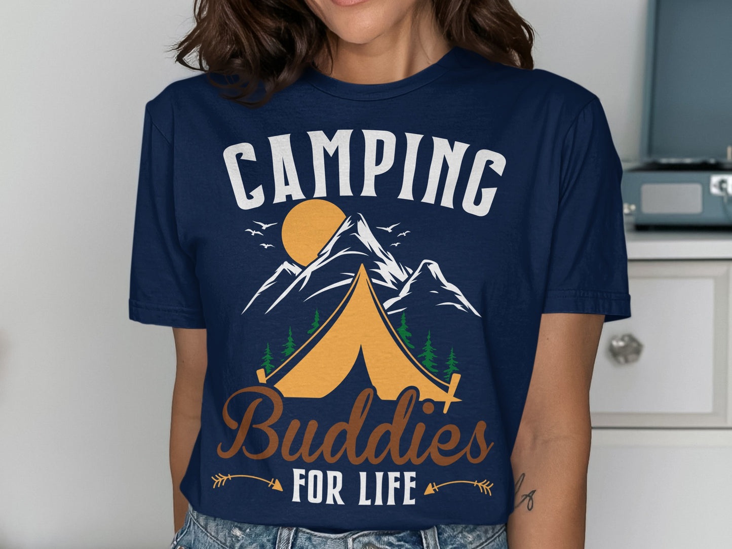 Navy t-shirt with "Camping Buddies For Life" text, tent, mountains, and sun graphic.
