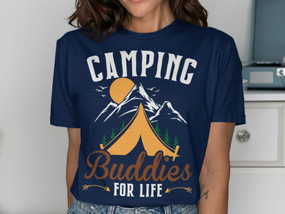 Navy t-shirt with "Camping Buddies For Life" text, tent, mountains, and sun graphic.