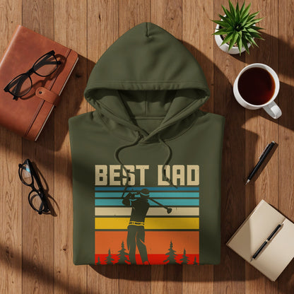 Green hoodie with "BEST DAD" text and a golfer silhouette on striped background.