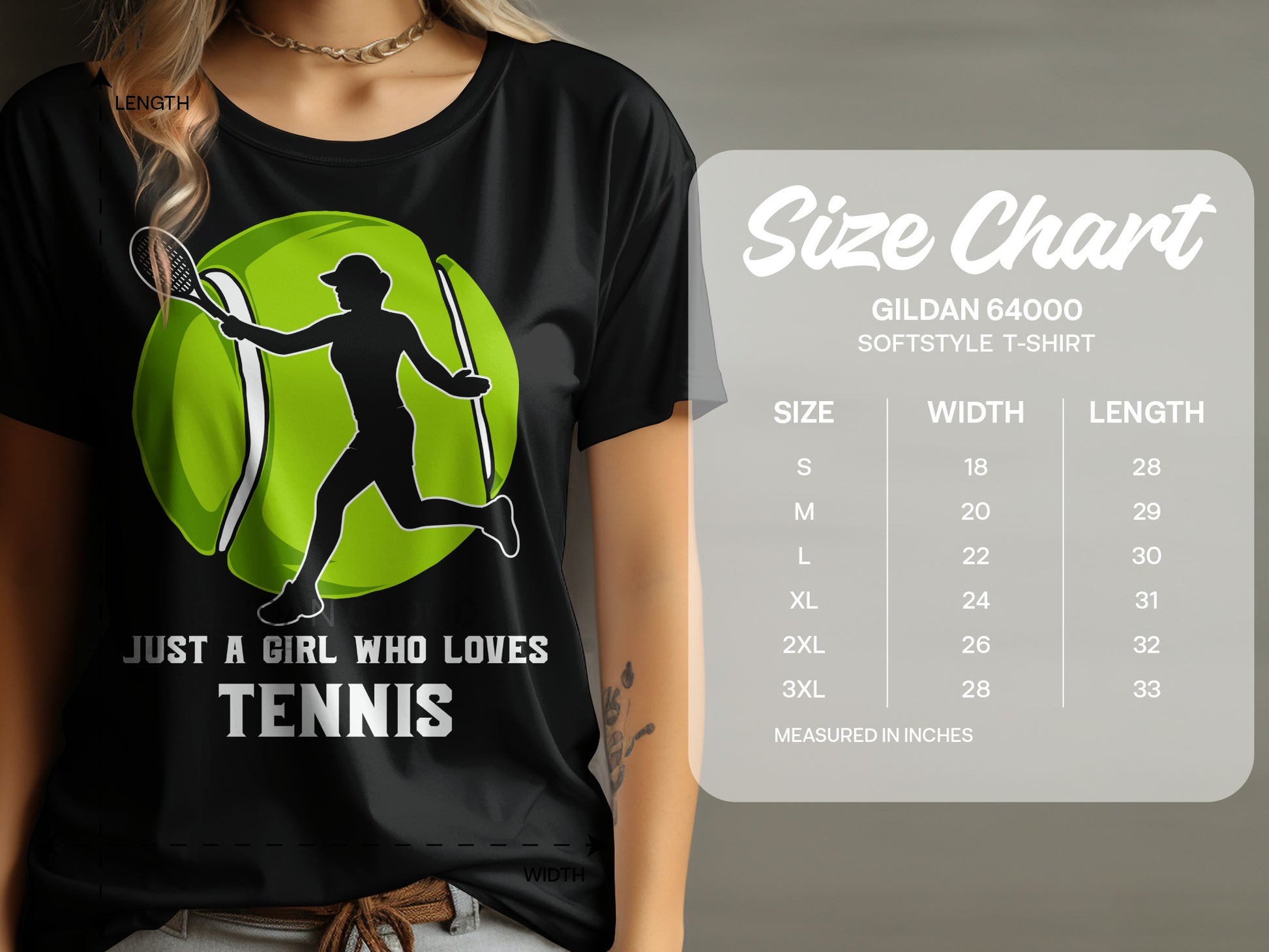 T-shirt with tennis player silhouette and size chart details.