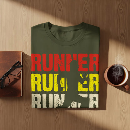 Olive green t-shirt with red and yellow "RUNNER" text and silhouette.