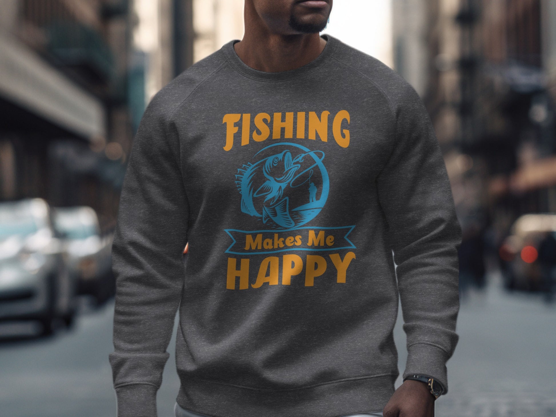Grey sweatshirt with "Fishing Makes Me Happy" text and fish graphic.