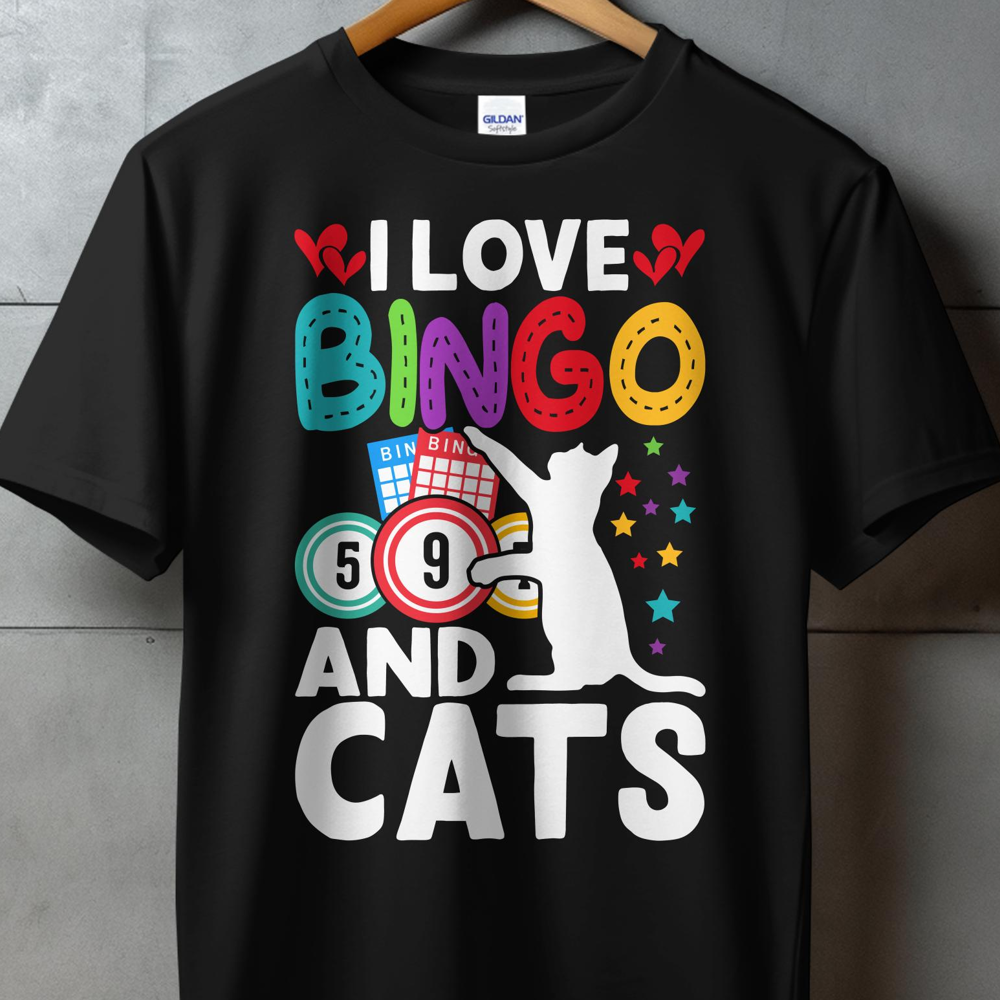 Black t-shirt with "I Love Bingo and Cats" text and colorful bingo balls and stars.