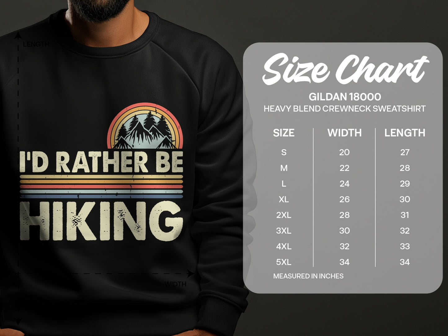 Crewneck sweatshirt with "I'd Rather Be Hiking" graphic and size chart.