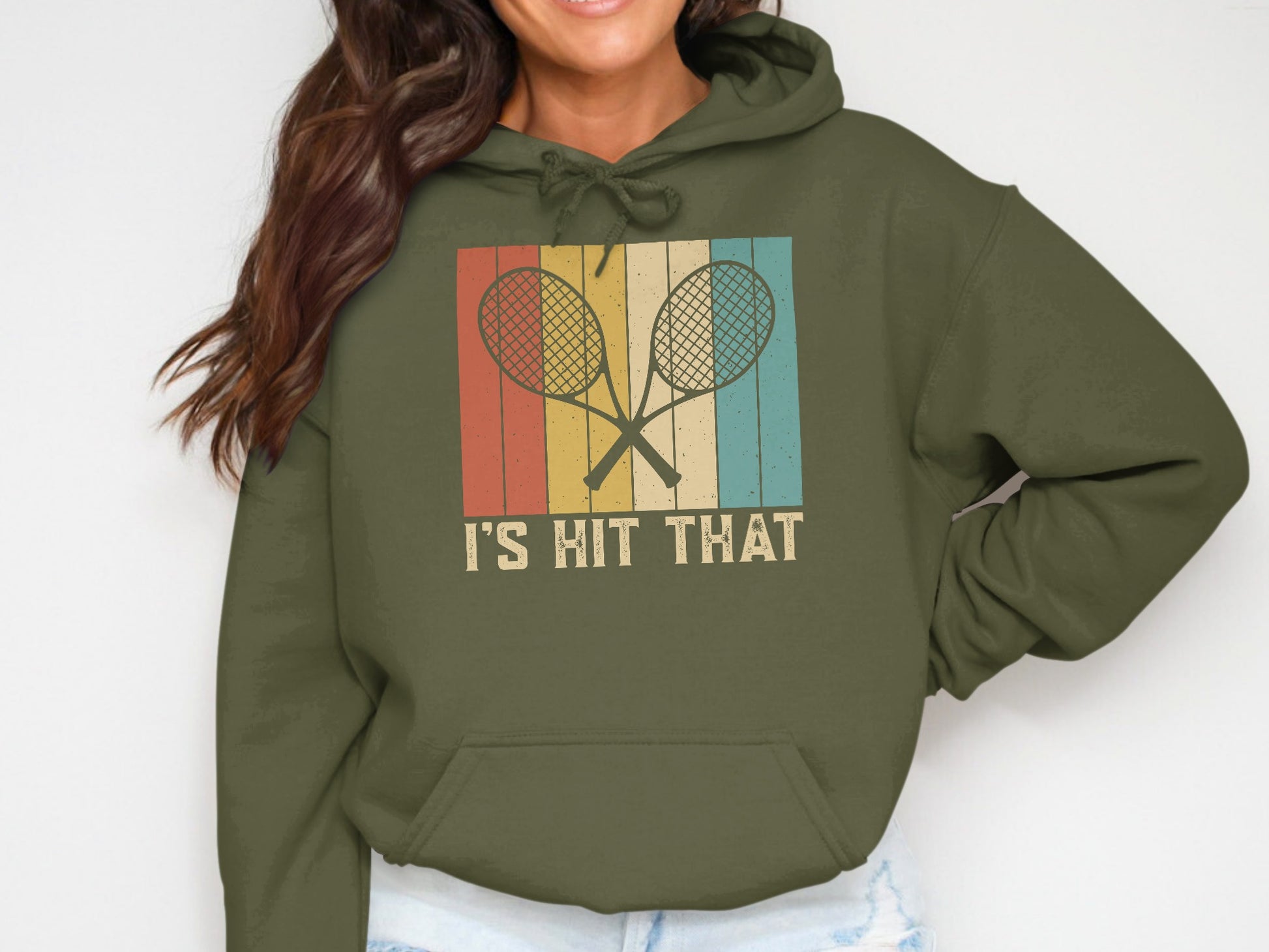 Green hoodie with crossed tennis rackets and text "IT'S HIT THAT".