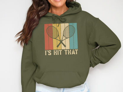 Green hoodie with crossed tennis rackets and text "IT'S HIT THAT".
