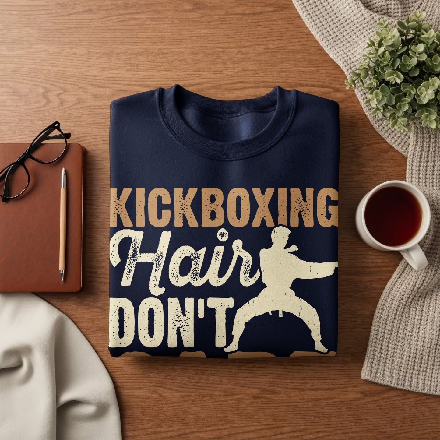 Navy sweatshirt with "Kickboxing Hair Don't Care" text and a silhouetted fighter.