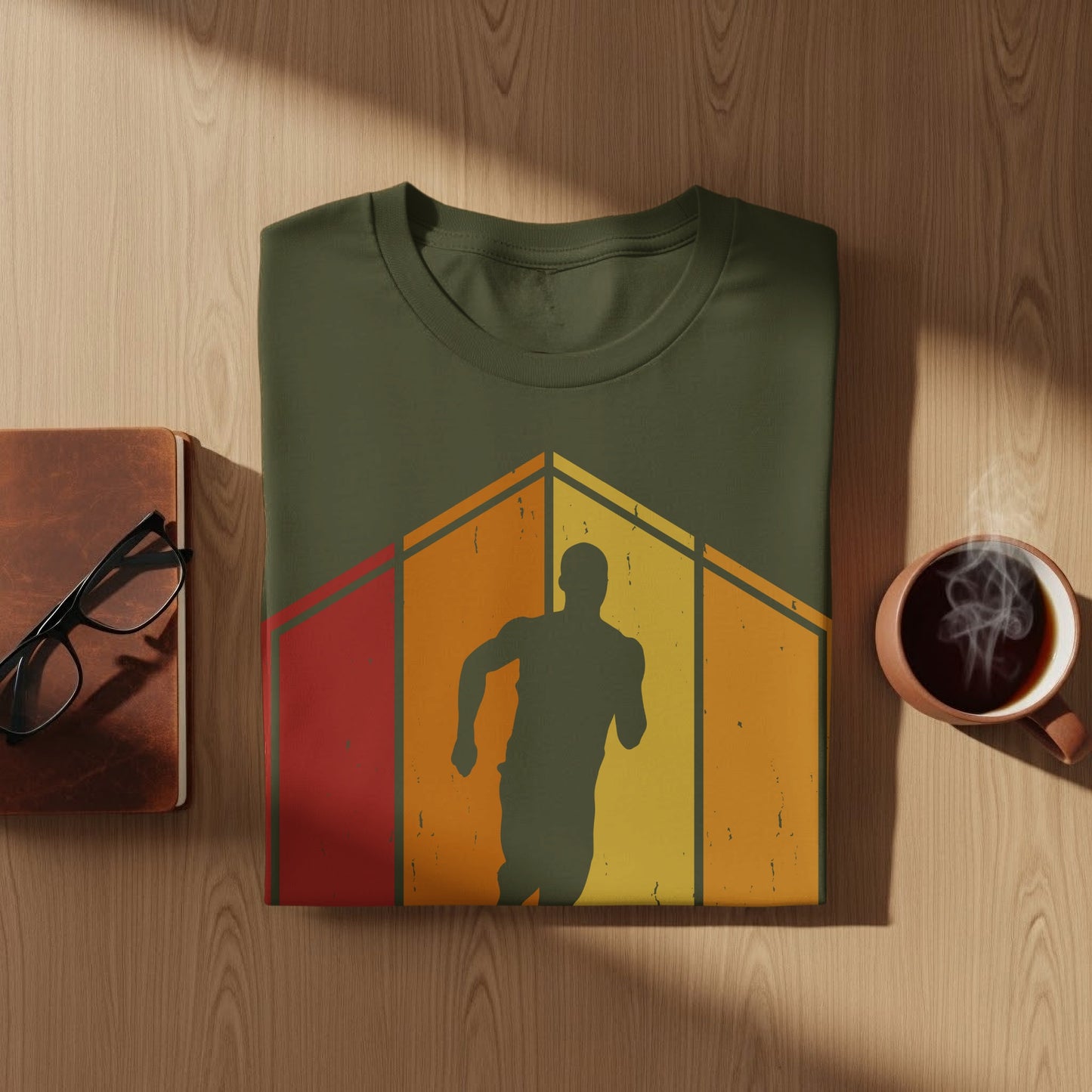 Olive green t-shirt with distressed graphic of a runner against a sunset gradient.