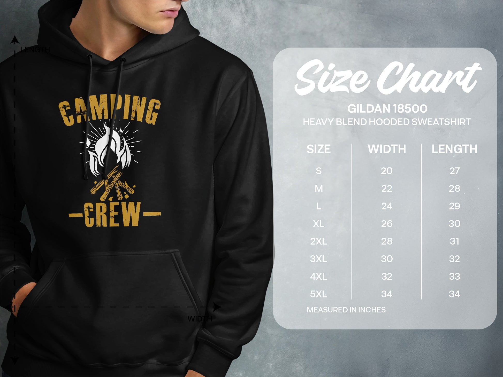 Gildan 18500 hooded sweatshirt size chart with measurements.