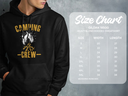 Gildan 18500 hooded sweatshirt size chart with measurements.