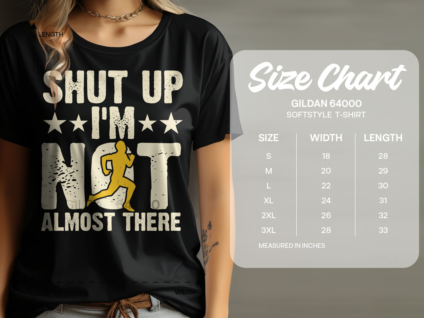 Black t-shirt with "Shut Up I'm Almost There" text and running figure, next to size chart.