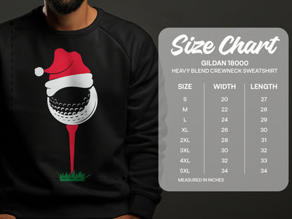 Golf ball with Santa hat on tee, Gildan 18000 sweatshirt size chart.