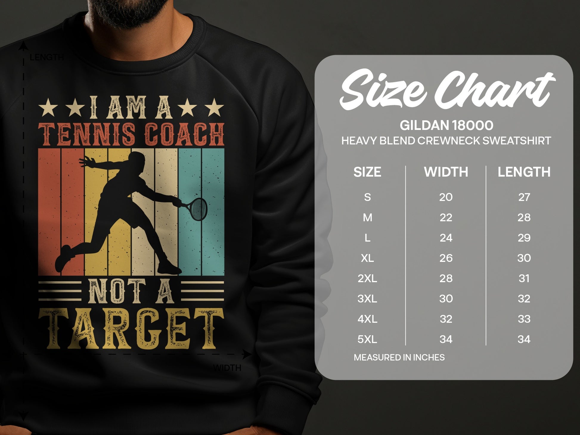 Sweatshirt with graphic of a tennis coach silhouette and size chart.