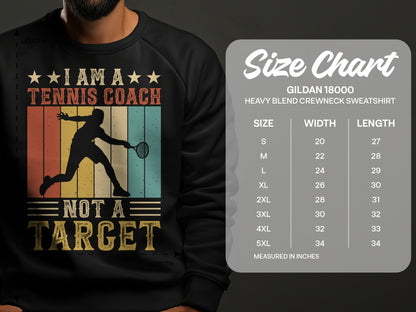 Sweatshirt with graphic of a tennis coach silhouette and size chart.